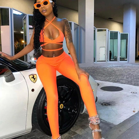 Voguable  Sleeveless Halter Solid Bandage Bra Pants 2 Pieces Set Streetwear Y2K Club Outfits Bikini