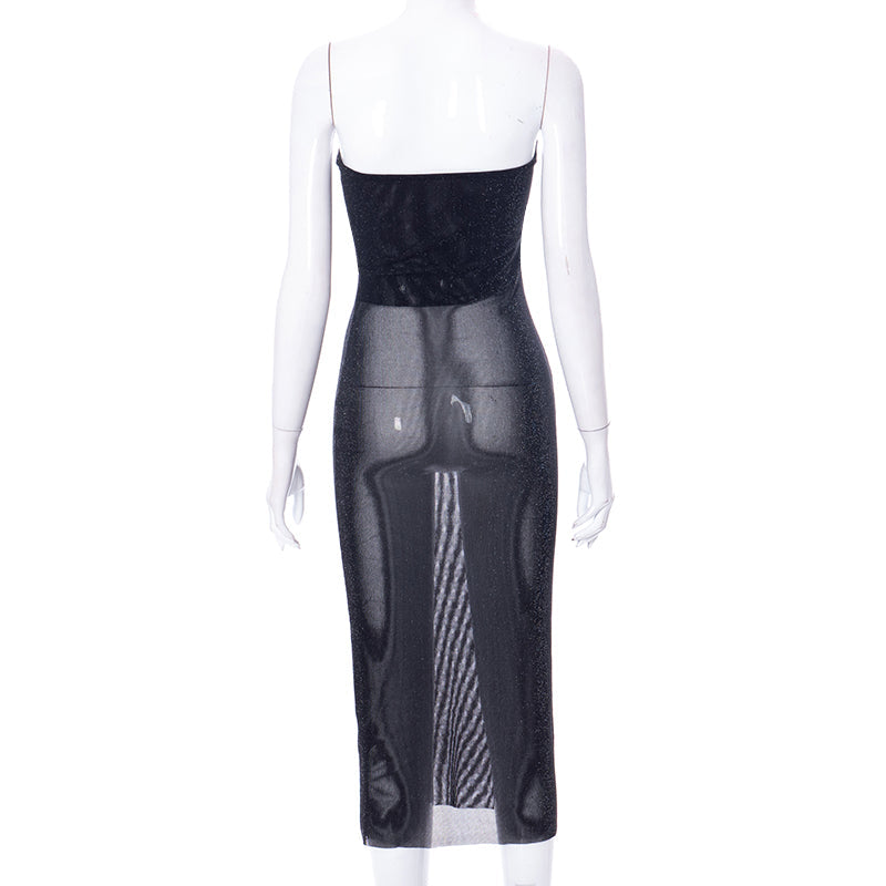 Voguable  Mesh Off Shoulder Black Sleeveless Patchwork See Through Midi Dress Bodycon Holiday Party Outfits Y2K