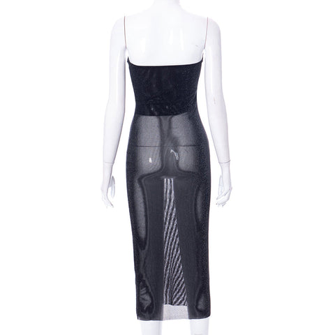 Voguable  Mesh Off Shoulder Black Sleeveless Patchwork See Through Midi Dress Bodycon Holiday Party Outfits Y2K
