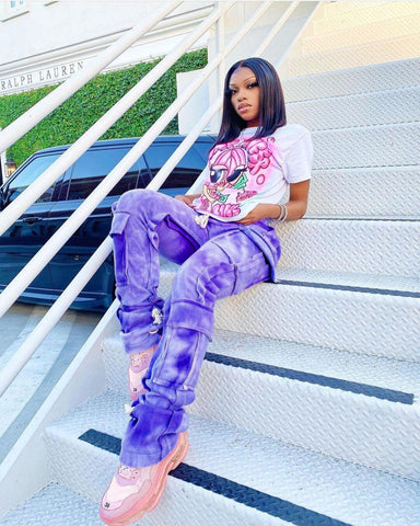Multi Pocket Drawstring Stacked Sweatpants Street Style Tie Dye Cargo Pants Y2k Clothes Trousers
