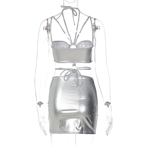 Voguable  Solid Sleeveless Bodycon Halter Hollow Out Mini Dress  Streetwear Outfits Y2K