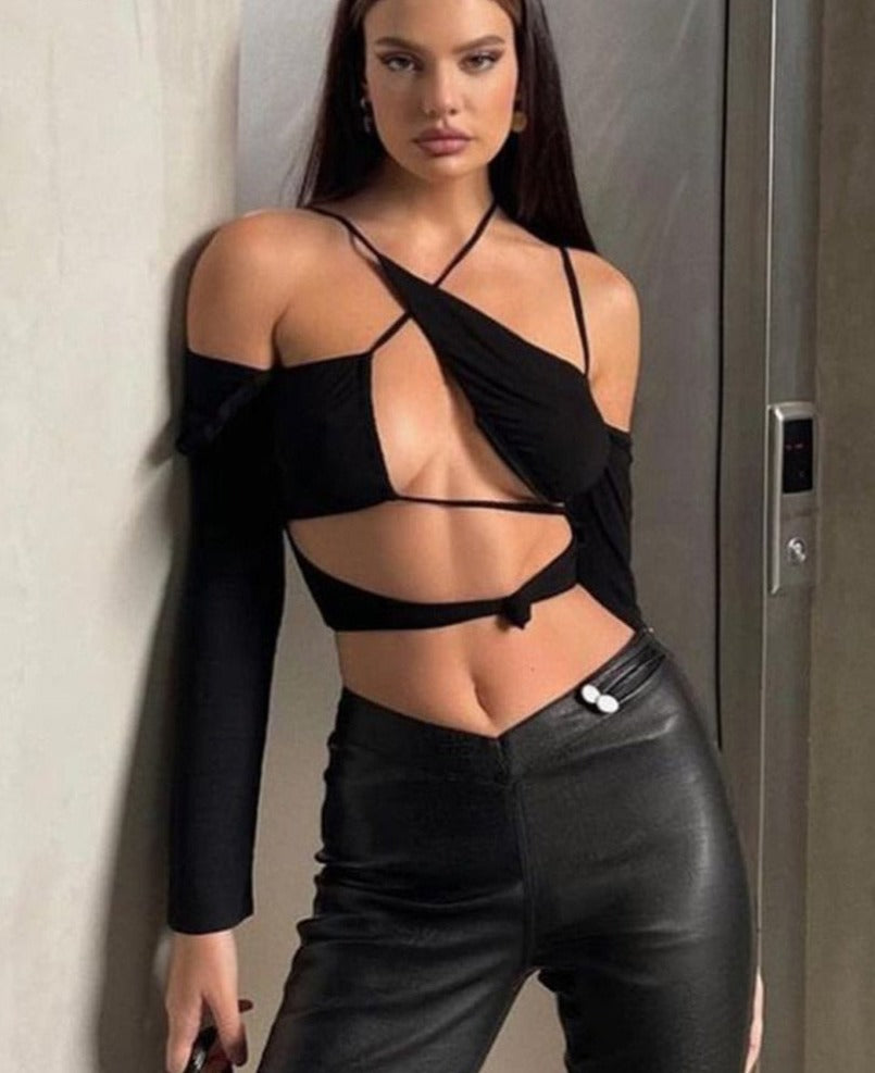 Voguable Pure Halter Single Shoulder Long Sleeve Bandage Drawstring Crop Top Fall Streetwear Outfit Y2K Party