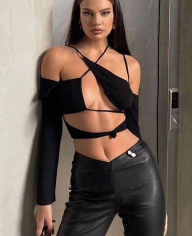 Voguable Pure Halter Single Shoulder Long Sleeve Bandage Drawstring Crop Top Fall Streetwear Outfit Y2K Party