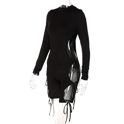 Voguable Solid Long Sleeves O Neck Cut Out Drawstrings Bandage Playsuit  Fall Bodycon Party Club Elegant Y2K