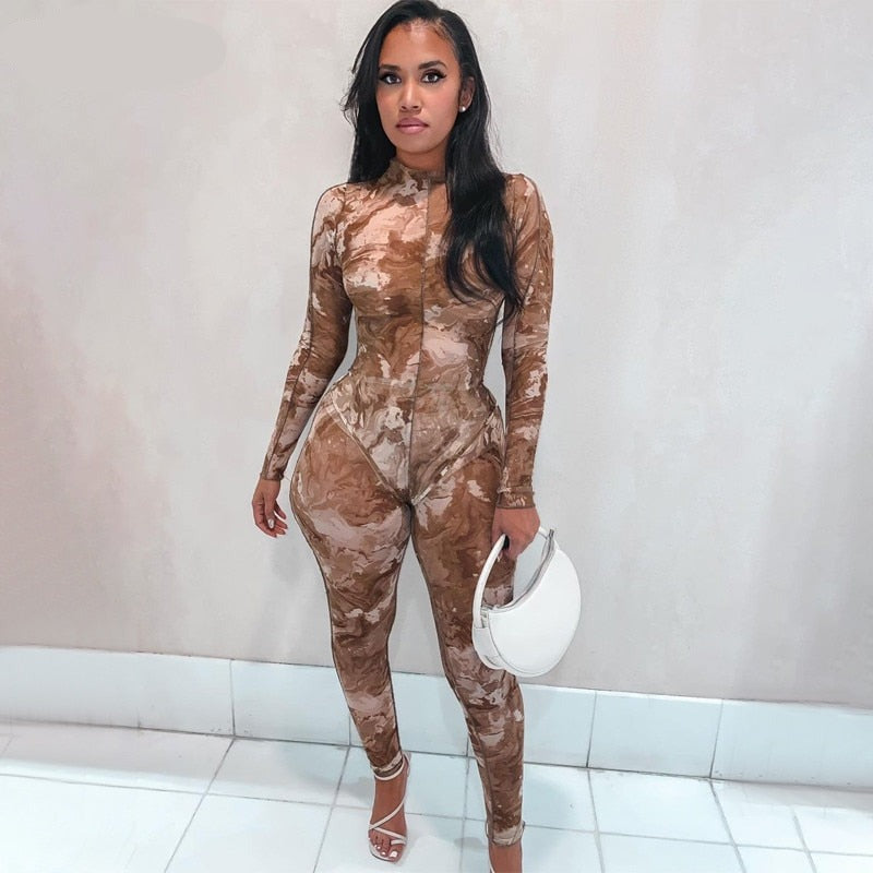 Voguable  Long Sleeve Print See-Through Ruched Bodysuit Pencil Pants 2 Pieces Set Streetwear Club Y2K