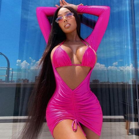 Voguable Long Sleeve Bandage Hollow Out Ruched Bodycon Mini Dress  Winter Y2K Slim Streetwear Elegant