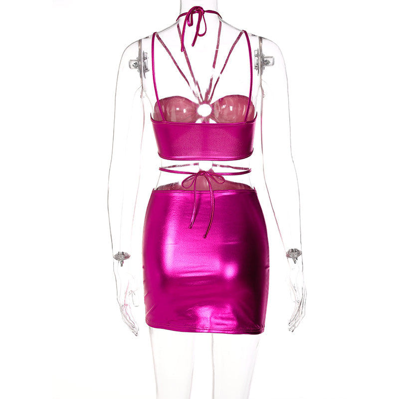 Voguable  Solid Sleeveless Bodycon Halter Hollow Out Mini Dress  Streetwear Outfits Y2K