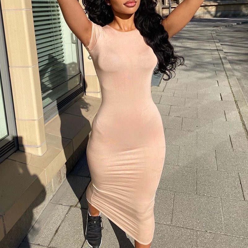 Voguable  Short Sleeve O-Neck Solid Bodycon Dress Streetwear Y2K Party Casual Club