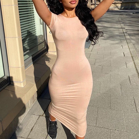 Voguable  Short Sleeve O-Neck Solid Bodycon Dress Streetwear Y2K Party Casual Club