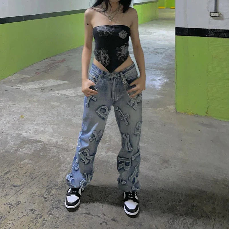 Voguable Patchwork Jeans Y2K Streetwear Baggy Straight Cargo Pants Punk High Waist Wide Leg Denim Trousers 90s Vintage