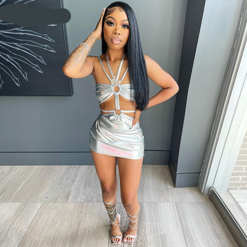 Voguable  Solid Sleeveless Bodycon Halter Hollow Out Mini Dress  Streetwear Outfits Y2K