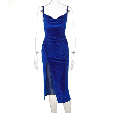 Voguable  Velvet Swing Collar Sleeveless Slip Slit Maxi Dress Evening Party Elegant Streetwear Y2K