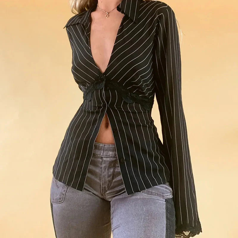 Striped Shirts Lace Trim Deep V Neck Single Breasted Flared Sleeve Cardigan Blouses Tops y2k Clothing Streetwear