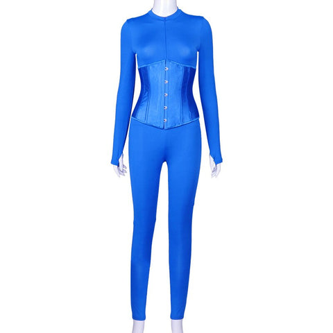Voguable  Long Sleeve Jumpsuit Bandage Corset 2 Pieces Set Winter  Zipper Suit Romper Y2K Streetwear