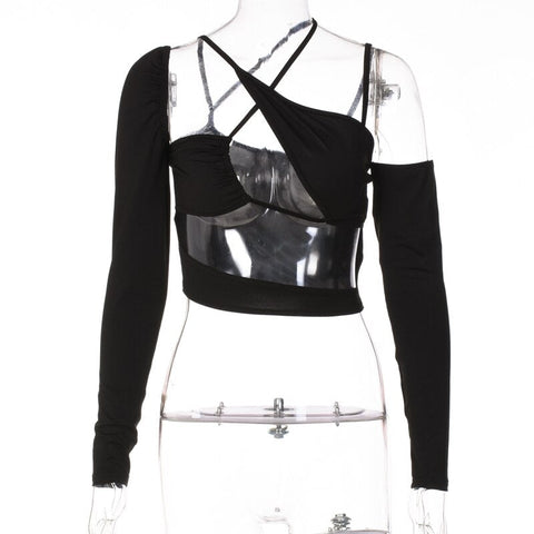 Voguable Pure Halter Single Shoulder Long Sleeve Bandage Drawstring Crop Top Fall Streetwear Outfit Y2K Party