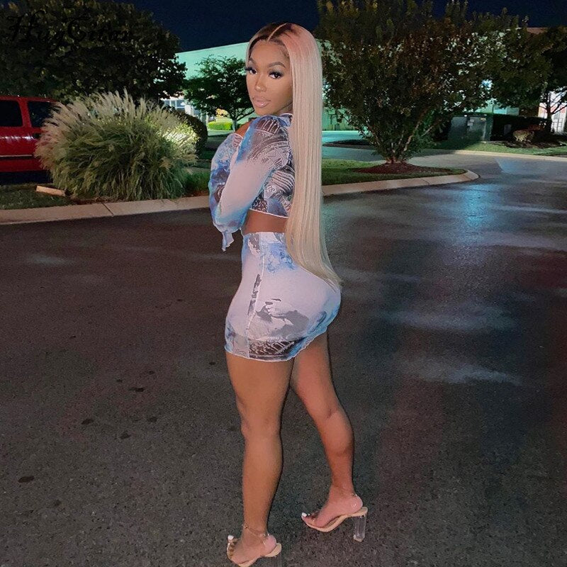 Voguable Flare Sleeve Wrapped Bandage Crop Top Skirt 2 Piece Set Winter Streetwear Y2K Print Tracksuit