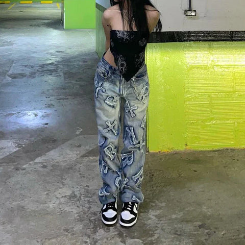 Voguable Patchwork Jeans Y2K Streetwear Baggy Straight Cargo Pants Punk High Waist Wide Leg Denim Trousers 90s Vintage