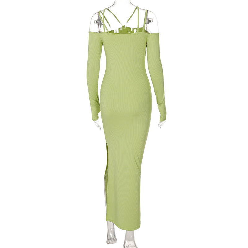 Voguable Fall Solid Slip Slash Neck Long Sleeves Cut Out Maxi Dress Slim Y2K Streetwear Robe