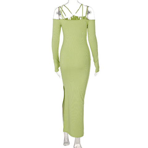 Voguable Fall Solid Slip Slash Neck Long Sleeves Cut Out Maxi Dress Slim Y2K Streetwear Robe