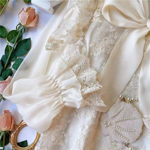 Ruffle Lace Tie Neck Blouse