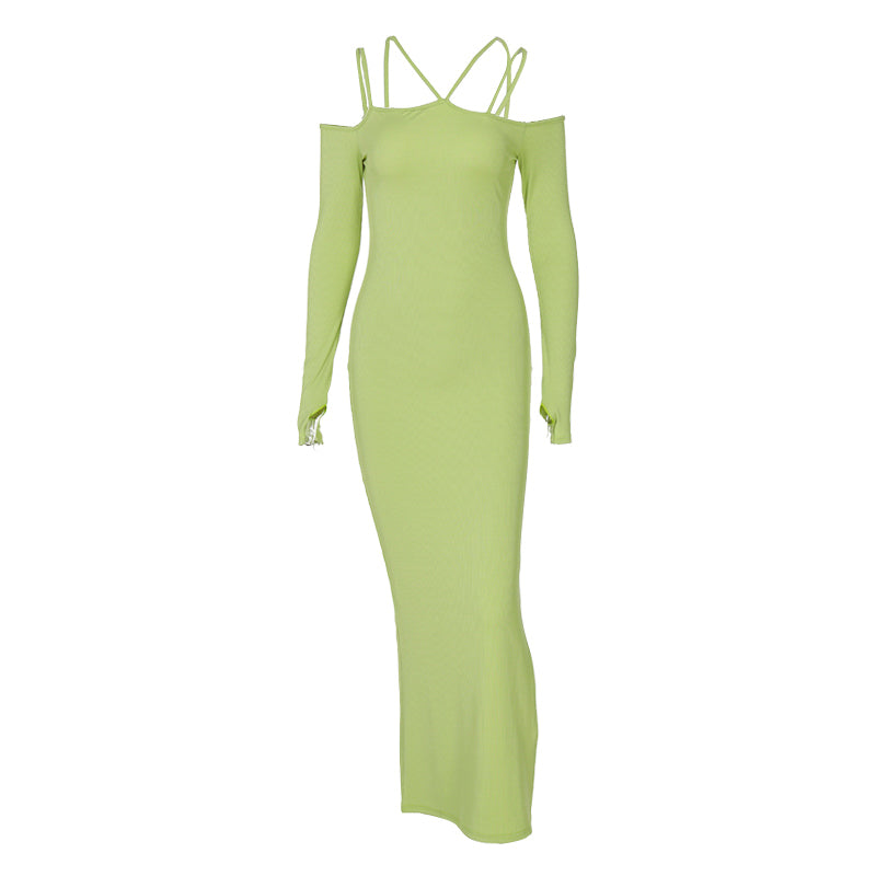 Voguable Fall Solid Slip Slash Neck Long Sleeves Cut Out Maxi Dress Slim Y2K Streetwear Robe