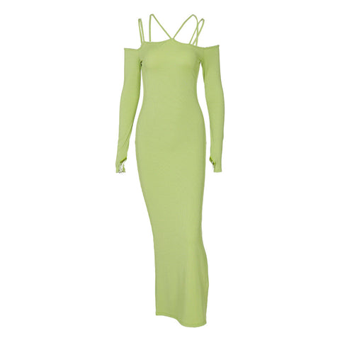 Voguable Fall Solid Slip Slash Neck Long Sleeves Cut Out Maxi Dress Slim Y2K Streetwear Robe