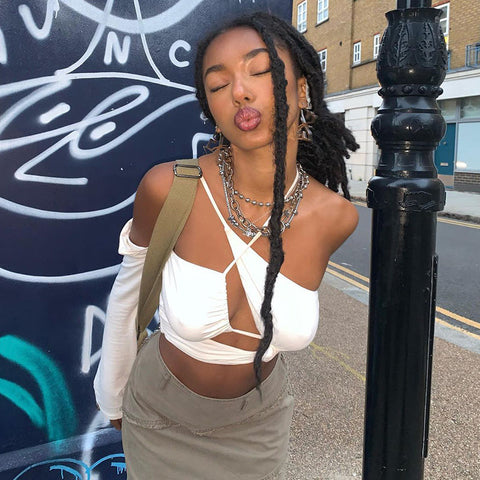 Voguable Pure Halter Single Shoulder Long Sleeve Bandage Drawstring Crop Top Fall Streetwear Outfit Y2K Party