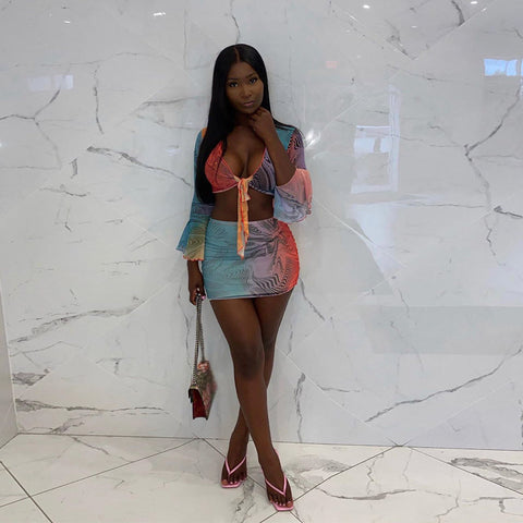 Voguable Flare Sleeve Wrapped Bandage Crop Top Skirt 2 Piece Set Winter Streetwear Y2K Print Tracksuit