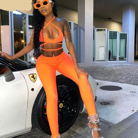 Voguable  Sleeveless Halter Solid Bandage Bra Pants 2 Pieces Set Streetwear Y2K Club Outfits Bikini