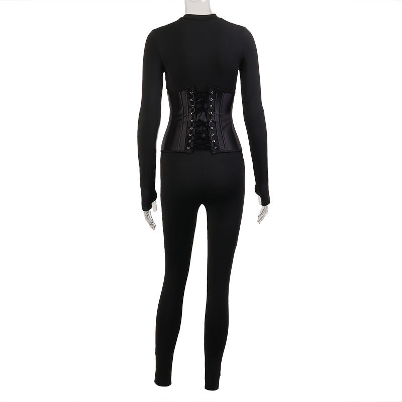 Voguable  Long Sleeve Jumpsuit Bandage Corset 2 Pieces Set Winter  Zipper Suit Romper Y2K Streetwear