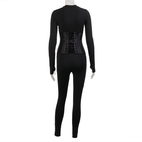 Voguable  Long Sleeve Jumpsuit Bandage Corset 2 Pieces Set Winter  Zipper Suit Romper Y2K Streetwear