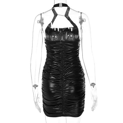 Voguable Pu Leather Solid Halter Sleeveless Masonry Draped Backless Mini Dress  Slim Elegant Street Party Outfits Y2K