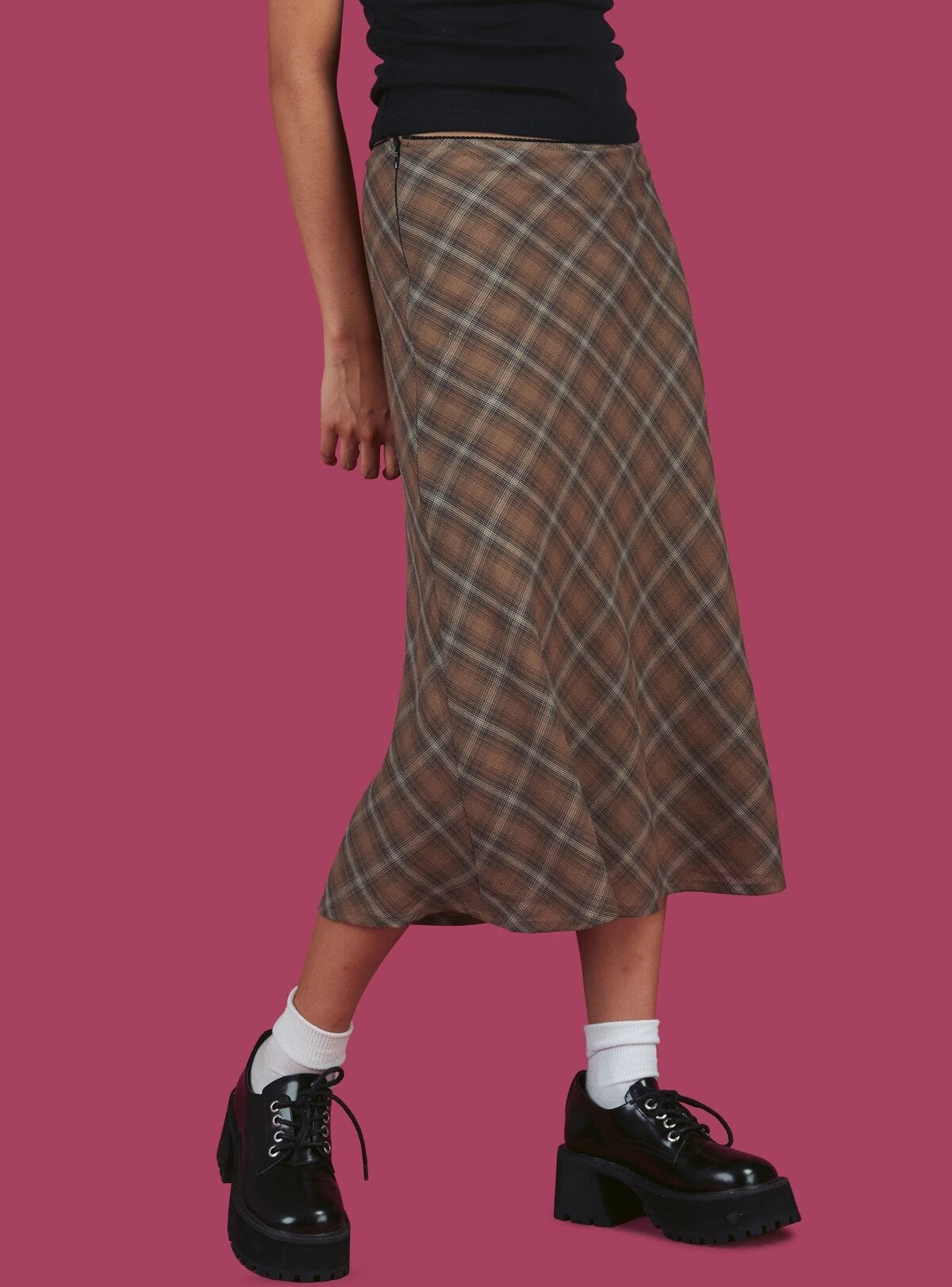 Y2K E-Girls Streetwear Vintage 90s Plaid High Waist Brown Midi Skirts Indie Aesthetics Printing A-Line Long Skirt