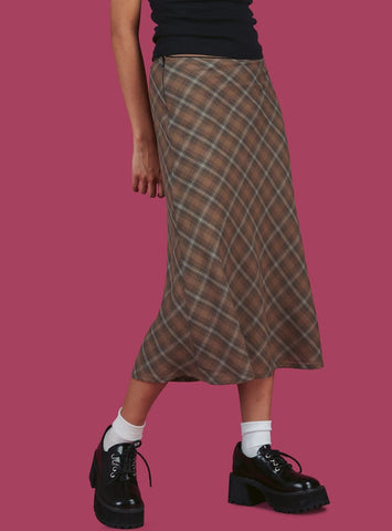 Y2K E-Girls Streetwear Vintage 90s Plaid High Waist Brown Midi Skirts Indie Aesthetics Printing A-Line Long Skirt