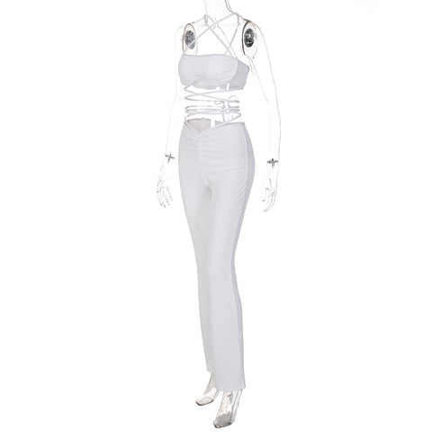 Voguable Solid Halter Sleeveless Bandage Ruched Crop Bra High Waist Leggings 2 Piece Set Y2K Streetwear Outfit
