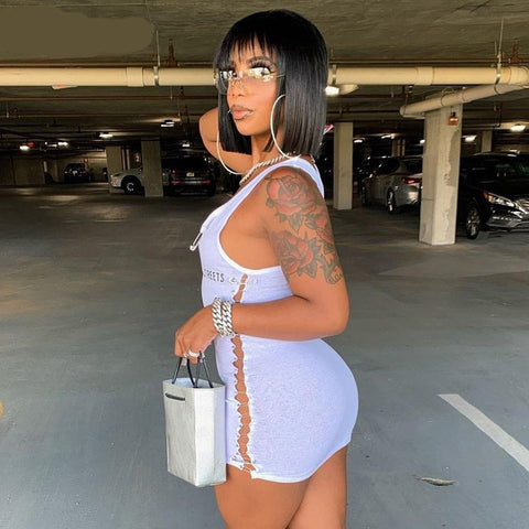 Voguable Sleeveless  Mini Dress Patchwork  With Corset Patchwork Zipper Bodycon Streetwear Casual Y2K