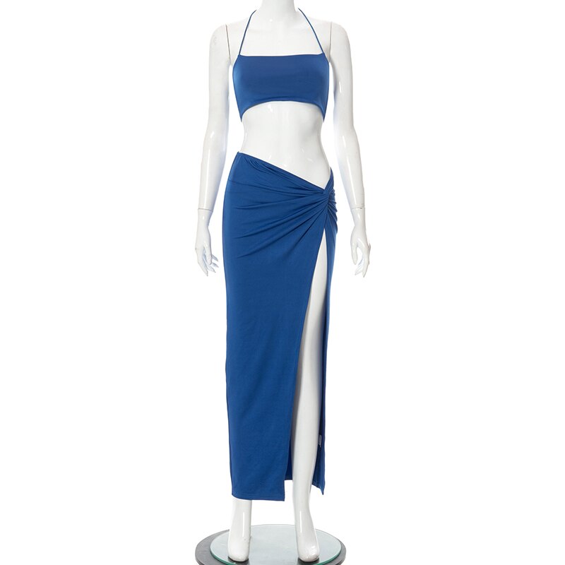 Voguable Solid Halter Bandage Camis Crop Top Slit Maxi Dress 2 Pieces Set  Bodycon Elegant Streetwear Party Club Y2K