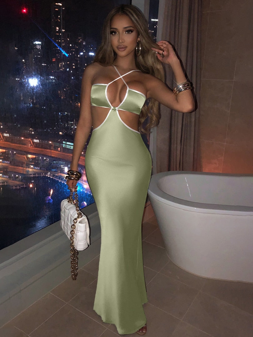 Voguable Halter Backless Sleeveless Hollow Out Revealing Maxi Dress Bodycon Streetwear Party Club Outfits Y2K