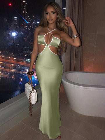 Voguable Halter Backless Sleeveless Hollow Out Revealing Maxi Dress Bodycon Streetwear Party Club Outfits Y2K