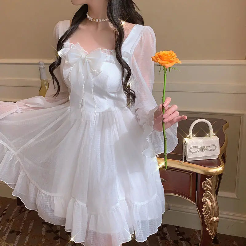 Voguable French Sweet Fairy Lolita Dress Long Sleeve Lace Y2K Mini Dress Vintage Kawaii Clothes One Piece Dress