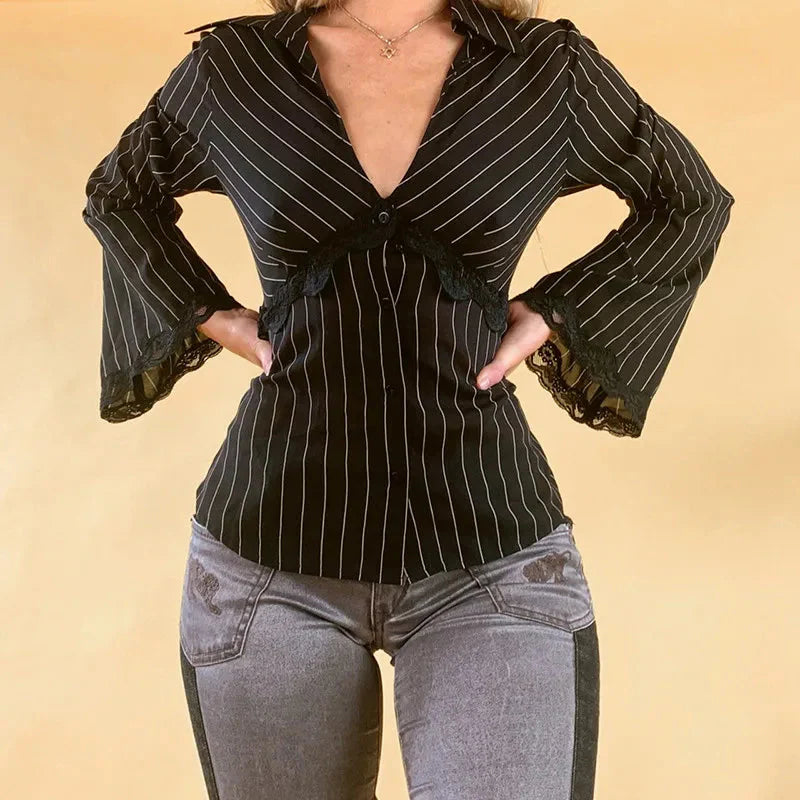 Striped Shirts Lace Trim Deep V Neck Single Breasted Flared Sleeve Cardigan Blouses Tops y2k Clothing Streetwear