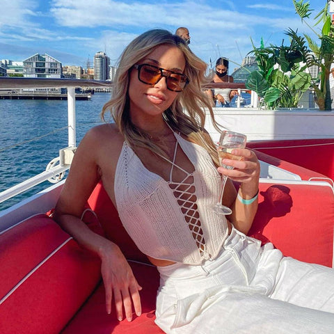 Knitted Sleeveless Lace Up Bandage Halter Tops Outfits Club Party Y2k  Tank Top Halter Backless Hollow Out Crop Top Summer2