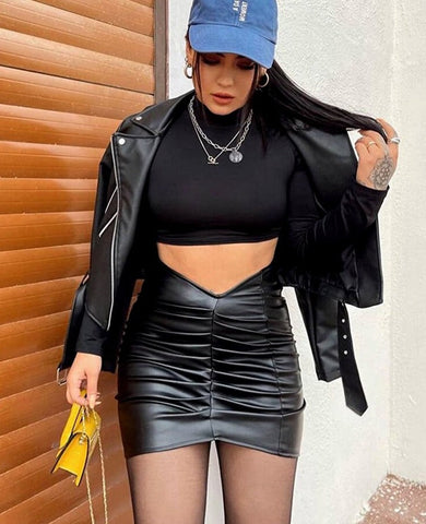 Voguable  Pu Leather High Waist Folds Zipper Mini Skirt  Elegant Streetwear Party Clothings Y2K