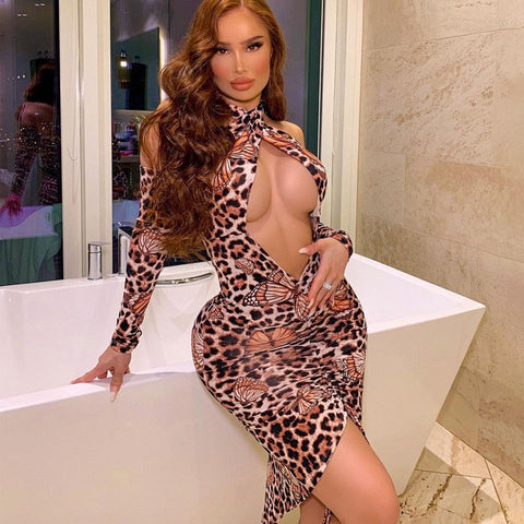 Voguable outfits  Long Removable Sleeves Backless Butterfly Print Hollow Out Dress Fall Streetwear Y2K