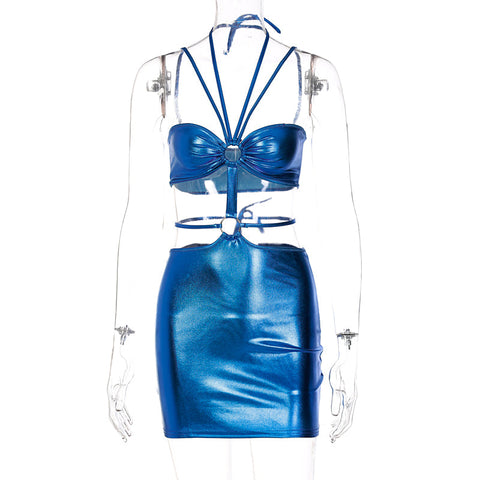 Voguable  Solid Sleeveless Bodycon Halter Hollow Out Mini Dress  Streetwear Outfits Y2K