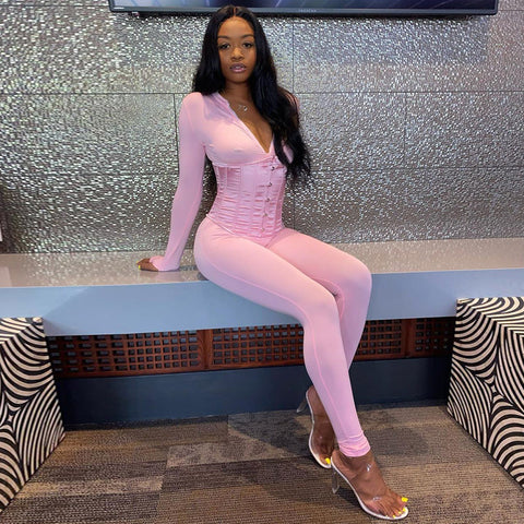 Voguable  Long Sleeve Jumpsuit Bandage Corset 2 Pieces Set Winter  Zipper Suit Romper Y2K Streetwear