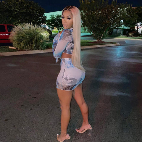 Voguable Flare Sleeve Wrapped Bandage Crop Top Skirt 2 Piece Set Winter Streetwear Y2K Print Tracksuit