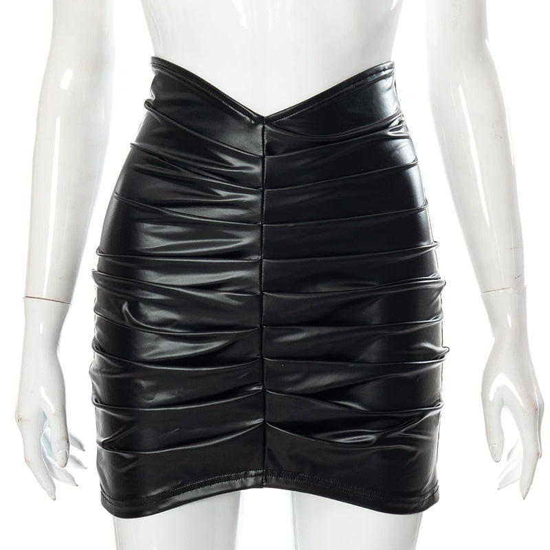 Voguable  Pu Leather High Waist Folds Zipper Mini Skirt  Elegant Streetwear Party Clothings Y2K