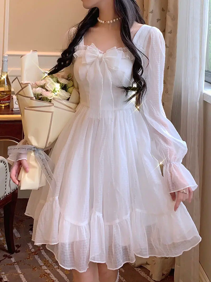 Voguable French Sweet Fairy Lolita Dress Long Sleeve Lace Y2K Mini Dress Vintage Kawaii Clothes One Piece Dress
