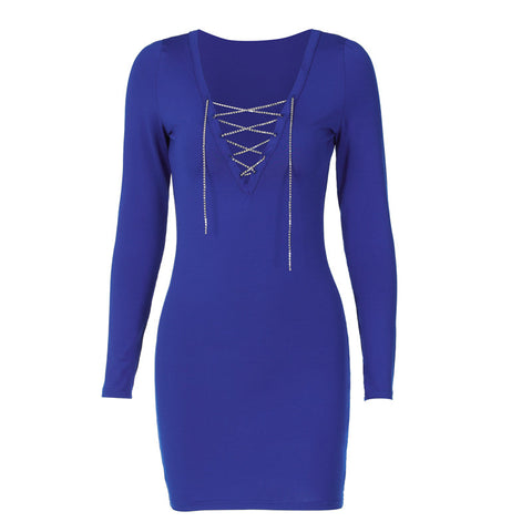 Voguable  Diamond Bandage Pure Color V Neck Skinny Mini Dress Bodycon Party Streetwear Concise Y2K